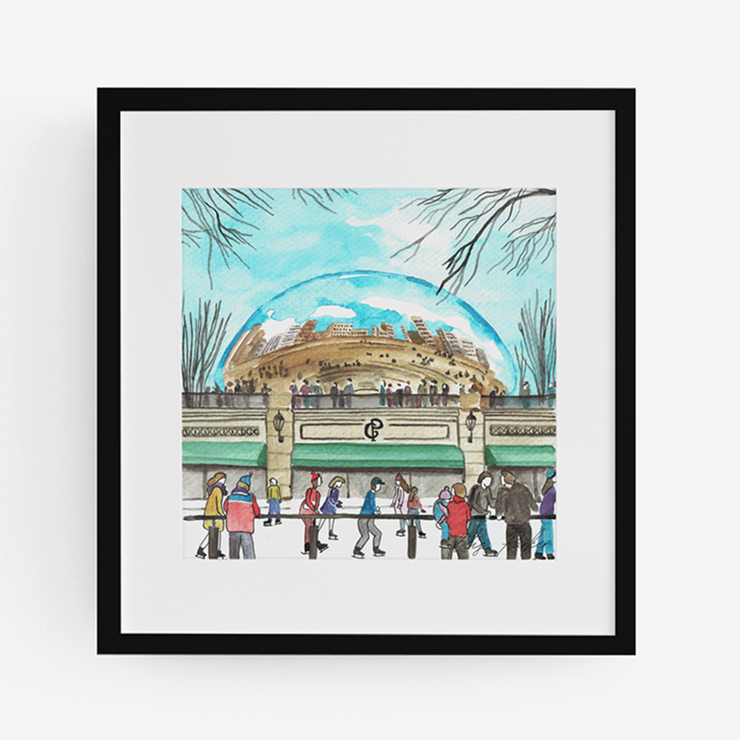 Millenium Park Skating Framed Watercolor Canvas